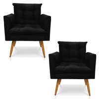 Kit 2 Poltronas Olivia Suede Preto Pés Palito Castanho - Pallazio