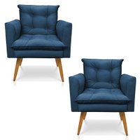 Kit 2 Poltronas Olivia Suede Azul Marinho Pés Palito Castanho - Pallazio