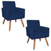 Kit 2 Poltronas Nina Veludo Azul Marinho Pés Palito Castanho - Pallazio