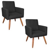 Kit 2 Poltronas Nina Veludo Preto Pés Palito Castanho - Pallazio