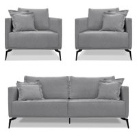 Kit 2 Poltronas e Sofá Living 2 Lugares 1,80m Sirius Linho Grafite Pés Metálicos - Pallazio