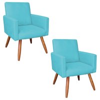 Kit 2 Poltronas Nina Suede Azul Turquesa Pés Palito Castanho - Pallazio