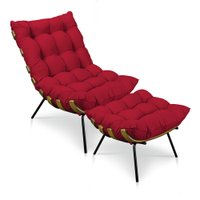 Kit Poltrona e Puff Costela Veludo Vermelho Base Metálica - Pallazio