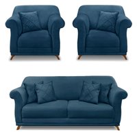 Kit 2 Poltronas e Sofá Living 2 Lugares 1,60m Vênus Veludo Azul Marinho Pés Castanho - Pallazio