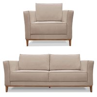 Kit Poltrona e Sofá Living 2 Lugares 1,70m Vega Linho Areia Pés Castanho - Pallazio