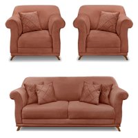 Kit 2 Poltronas e Sofá Living 2 Lugares 1,60m Vênus Veludo Cobre Pés Castanho - Pallazio