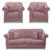 Kit 2 Poltronas e Sofá Living 2 Lugares 1,80m Vênus Veludo Lílas Pés Castanho - Pallazio