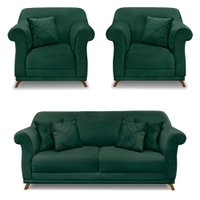 Kit 2 Poltronas e Sofá Living 2 Lugares 1,80m Vênus Veludo Verde Floresta Pés Castanho - Pallazio