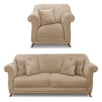 Kit Poltrona e Sofá Living 2 Lugares 1,60m Vênus Suede Bege Pés Castanho - Pallazio