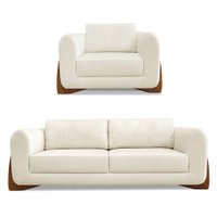 Kit Poltrona e Sofá Living 2 Lugares 1,60m Lottus Linho Natural Pés Castanho - Pallazio