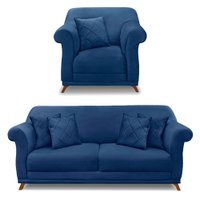Kit Poltrona e Sofá Living 2 Lugares 1,60m Vênus Suede Azul Marinho Pés Castanho - Pallazio