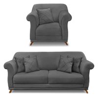 Kit Poltrona e Sofá Living 2 Lugares 1,60m Vênus Suede Cinza Pés Castanho - Pallazio