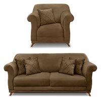 Kit Poltrona e Sofá Living 2 Lugares 1,60m Vênus Suede Caramelo Pés Castanho - Pallazio