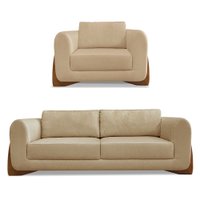 Kit Poltrona e Sofá Living 2 Lugares 1,60m Lottus Linho Dourado Pés Castanho - Pallazio