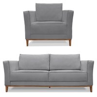 Kit Poltrona e Sofá Living 2 Lugares 1,70m Vega Linho Grafite Pés Castanho - Pallazio
