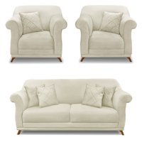 Kit 2 Poltronas e Sofá Living 2 Lugares 1,60m Vênus Veludo Bege Pés Castanho - Pallazio