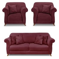 Kit 2 Poltronas e Sofá Living 2 Lugares 1,80m Vênus Veludo Vinho Pés Castanho - Pallazio