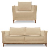 Kit Poltrona e Sofá Living 2 Lugares 1,70m Vega Linho Dourado Pés Castanho - Pallazio