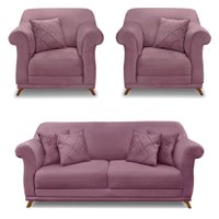 Kit 2 Poltronas e Sofá Living 2 Lugares 1,80m Vênus Veludo Uva Pés Castanho - Pallazio