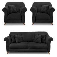 Kit 2 Poltronas e Sofá Living 2 Lugares 1,80m Vênus Veludo Preto Pés Castanho - Pallazio