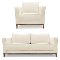 Kit Poltrona e Sofá Living 2 Lugares 1,90m Vega Linho Natural Pés Castanho - Pallazio