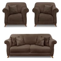 Kit 2 Poltronas e Sofá Living 2 Lugares 1,80m Vênus Veludo Marrom Pés Castanho - Pallazio