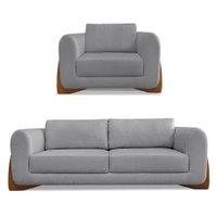Kit Poltrona e Sofá Living 2 Lugares 1,60m Lottus Linho Grafite Pés Castanho - Pallazio