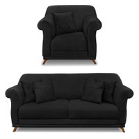 Kit Poltrona e Sofá Living 2 Lugares 1,80m Vênus Suede Preto Pés Castanho - Pallazio