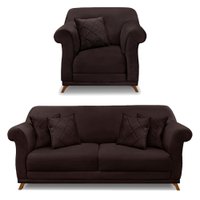 Kit Poltrona e Sofá Living 2 Lugares 1,80m Vênus Suede Marrom Café Pés Castanho - Pallazio