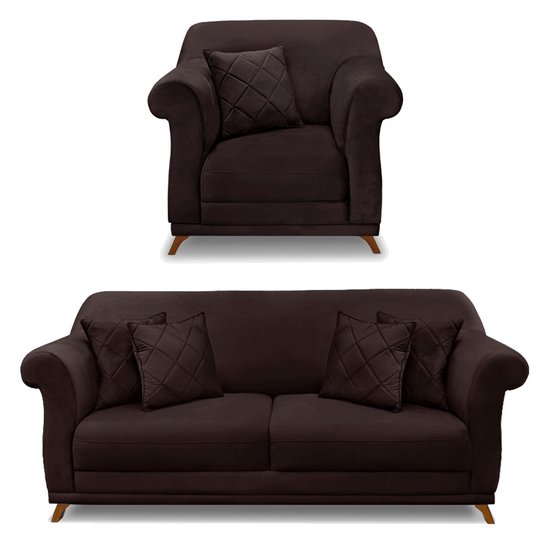Kit Poltrona e Sofá Living 2 Lugares 1,80m Vênus Suede Marrom Café Pés Castanho - Pallazio