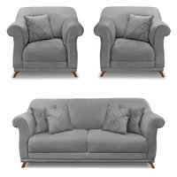 Kit 2 Poltronas e Sofá Living 2 Lugares 1,80m Vênus Veludo Cinza Grafite Pés Castanho - Pallazio