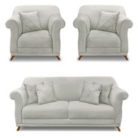 Kit 2 Poltronas e Sofá Living 2 Lugares 1,80m Vênus Veludo Cinza Prata Pés Castanho - Pallazio