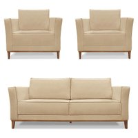 Kit 2 Poltronas e Sofá Living 2 Lugares 1,70m Vega Linho Dourado Pés Castanho - Pallazio