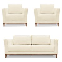 Kit 2 Poltronas e Sofá Living 2 Lugares 1,70m Vega Linho Bege Pés Castanho - Pallazio