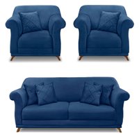 Kit 2 Poltronas e Sofá Living 2 Lugares 1,60m Vênus Suede Azul Marinho Pés Castanho - Pallazio
