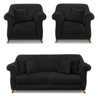 Kit 2 Poltronas e Sofá Living 2 Lugares 1,60m Vênus Suede Preto Pés Castanho - Pallazio