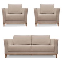 Kit 2 Poltronas e Sofá Living 2 Lugares 1,90m Vega Linho Areia Pés Castanho - Pallazio