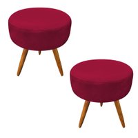 Kit 2 Puffs Banqueta Redonda Nina Veludo Vermelho Pés Palito Castanho - Pallazio