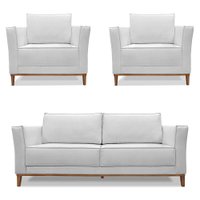 Kit 2 Poltronas e Sofá Living 2 Lugares 1,90m Vega Linho Cinza Pés Castanho - Pallazio
