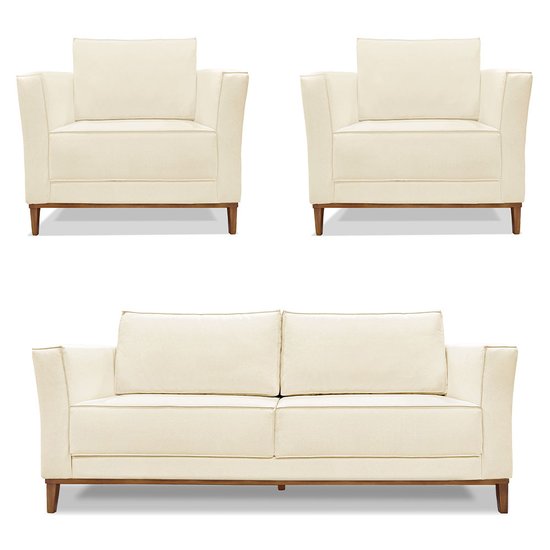 Kit 2 Poltronas e Sofá Living 2 Lugares 1,90m Vega Linho Bege Pés Castanho - Pallazio