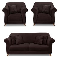 Kit 2 Poltronas e Sofá Living 2 Lugares 1,60m Vênus Suede Marrom Café Pés Castanho - Pallazio