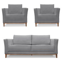 Kit 2 Poltronas e Sofá Living 2 Lugares 1,90m Vega Linho Grafite Pés Castanho - Pallazio