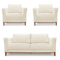 Kit 2 Poltronas e Sofá Living 2 Lugares 1,70m Vega Linho Natural Pés Castanho - Pallazio