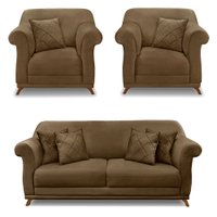 Kit 2 Poltronas e Sofá Living 2 Lugares 1,60m Vênus Suede Caramelo Pés Castanho - Pallazio