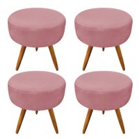 Kit 4 Puffs Banqueta Redonda Nina Veludo Rosê Pés Palito Castanho - Pallazio