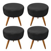 Kit 4 Puffs Banqueta Redonda Nina Veludo Preto Pés Palito Castanho - Pallazio
