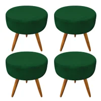 Kit 4 Puffs Banqueta Redonda Nina Veludo Verde Pés Palito Castanho - Pallazio