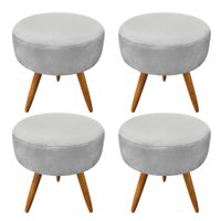 Kit 4 Puffs Banqueta Redonda Nina Veludo Cinza Pés Palito Castanho - Pallazio