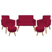 Kit Namoradeira 2 Poltronas e 2 Puffs Redondo Nina Suede Vermelho Pés Palito Castanho - Pallazio