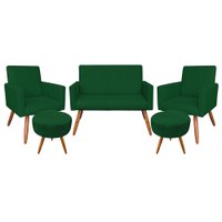 Kit Namoradeira 2 Poltronas e 2 Puffs Redondo Nina Suede Verde Pés Palito Castanho - Pallazio